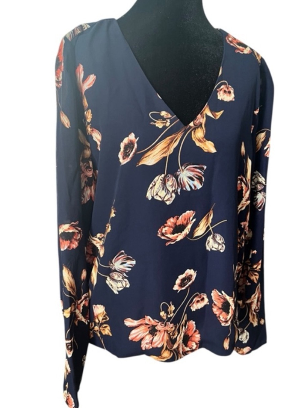 Tahari Navy Floral Long Sleeve Blouse L/XL